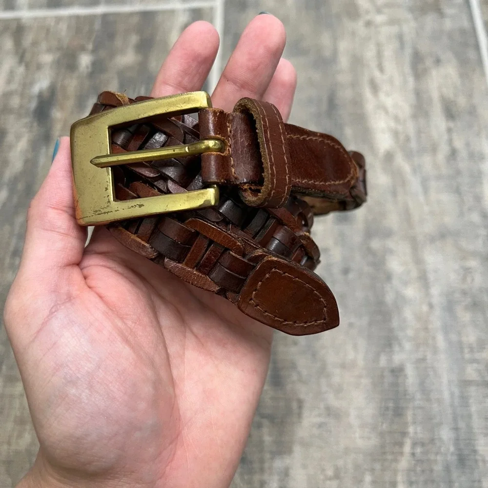 Woven Brown Genuine Leather‎ Belt with Brass Buckle Size S 36 Inch Made in India